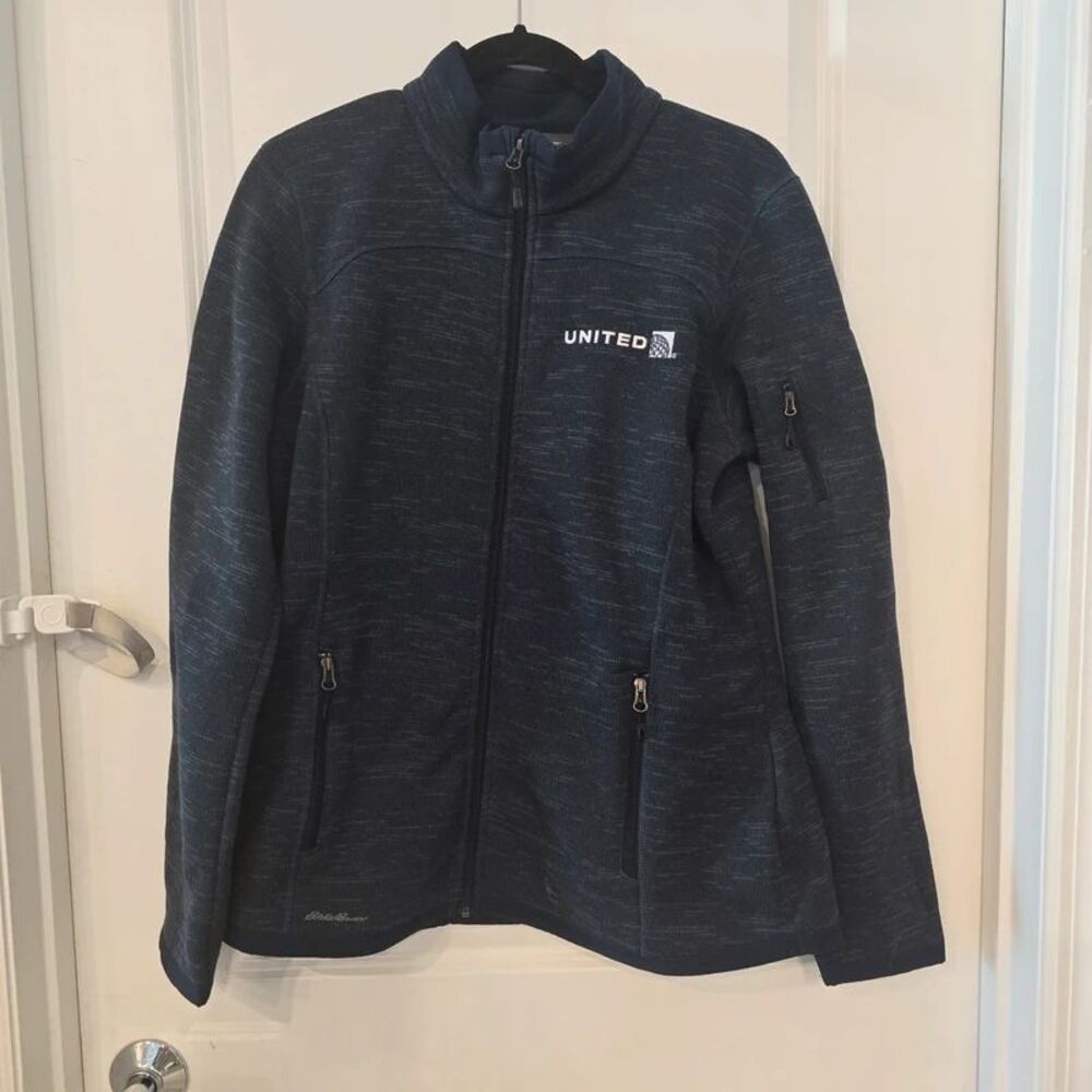 Eddie Bauer United Airlines Full Zip Fleece Sweater Jacket Large Navy Blue